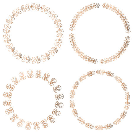 Set of 4 geometric round floral frames in Art Deco style. Vector illustration, design elements. Four golden frames isolated on white background,のイラスト素材