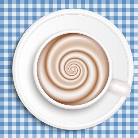 Top view of white coffee cup on blue gingham patterned cloth. Cappuccino full cup, hot chocolate, coffee and cream, high milk foam. Coffee cup top view, vector illustration.のイラスト素材