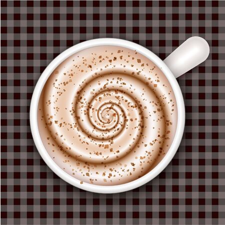 Top view white coffee cup on gingham patterned cloth background and white round napkin. Cappuccino full cup, hot chocolate, coffee and cream, high milk foam. Coffee cup top view, vector illustrationのイラスト素材