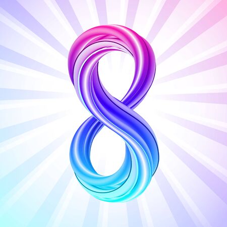 Colorful number eight icon, 3d effect, on bright abstract background with rays of light. Vector illustration. Digit 8 symbol. March 8, International womens day greeting card.のイラスト素材