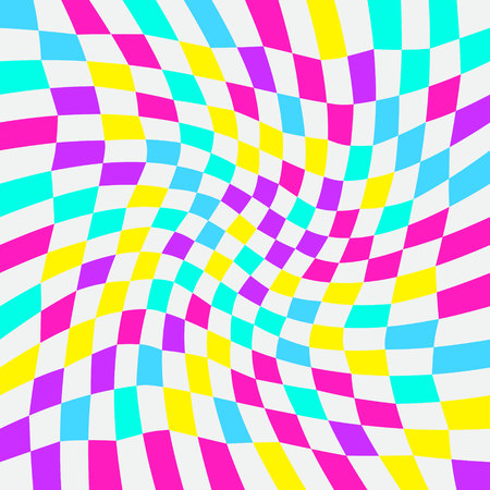 Unequal twisted multicolor checks, abstract colorful checkered background. Vector illustration. Opt Art. . Bright neon colors.のイラスト素材