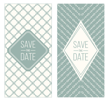 Two retro wedding invitation templates - abstract geometric patterned background and geometric frame.のイラスト素材