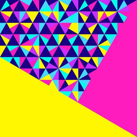 Abstract geometric background, different geometric shapes - triangles, circles, dots, lines. Memphis style. Bright and colorful neon colors, funky 90s style. Vector illustration.のイラスト素材