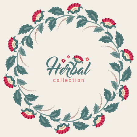 Floral round frame, Jacobean style flowers. Colorful herbal wreath. Vector illustration.のイラスト素材