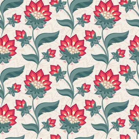Floral seamless pattern, Jacobean style flowers. Colorful herbal background. Vector illustration.のイラスト素材