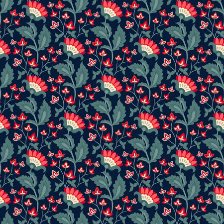 Floral seamless pattern, Jacobean style flowers. Colorful herbal background. Vector illustration. Jacobean floral, herbal collection, red flowers. Dark blue summer night background.のイラスト素材