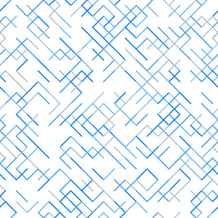 Geometric random lines pattern. Abstract technology background with blue and grey geometric shapes in tessellation on white. Linear abstract lattice, random coloring. Vector seamless linear pattern.のイラスト素材