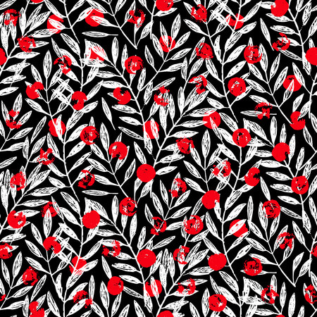 Tropical palm leaves, seamless foliage pattern. Vector illustration. Tropical jungle palm tree background. Black and white illustration, red dots.のイラスト素材