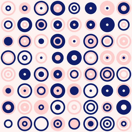 Circles and dots. Abstract geometry in navy blue and blush pink. Seamless vector pattern. Millennial pink background. Fashion fabric pattern design.のイラスト素材