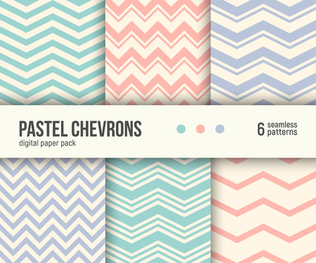 Digital paper pack, set of 6 abstract seamless patterns. Abstract geometric backgrounds. Vector illustration. Pale pastel chevron patterns. Blush pink, mint aqua blue and lilac pastels.のイラスト素材