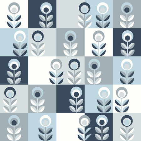 Scandinavian floral background, mid century wallpaper, seamless pattern vector illustration. Retro interior home decor in navy blue and silver gray colors.のイラスト素材