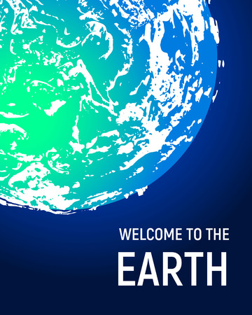 Futuristic space planet poster background. Textured cosmic celestial body in deep blue sky. Cosmic party banner template. Vector illustration. Planet Earth vector.のイラスト素材