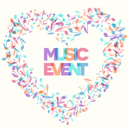 Colorful Music Event notes background. Random colored music festival poster design template. Vector Illustrationのイラスト素材