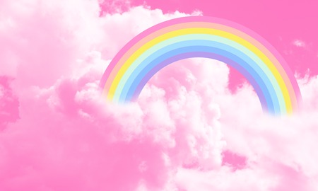 Cotton candy sky pink background illustration, rainbow in the clouds. Fantasy illustration.の写真素材