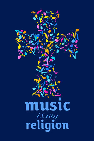 Colorful Music Event notes background. Random colored music festival poster design template. Multicolor musical notes on dark navy blue background. Vector Illustrationのイラスト素材