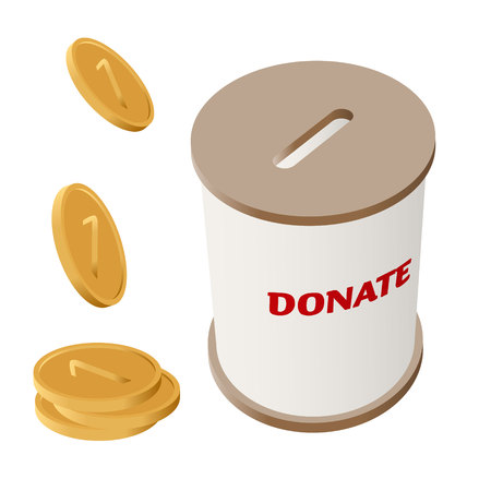 Round donation money box vector illustration. Side view cylinder money box for charity with coin slot and falling golden coins. Simple barrel box with brown top and bottom and text Donateのイラスト素材