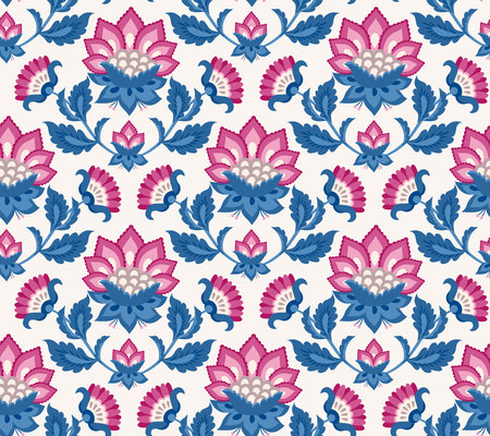 Jacobean floral illustration., meadow flowers background. Colorful herbs background. Seamless vector pattern. Jacobean embroidery floral, herbal collection, pink and blue flowers.のイラスト素材