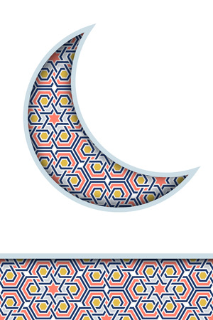 Muslim holiday greeting card template. Half moon crescent with traditional arabic islam art moroccan pattern. Vector illustration. Ramadan Kareem, Eid Mubarak, Eid al Fitr fest banner.のイラスト素材
