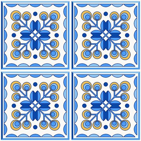 Traditional Portugal Lisbon azulejo ceramic tiles. Vector illustration. Yellow, blue and white colors. Four floor tiles set. Seamless vector pattern.のイラスト素材