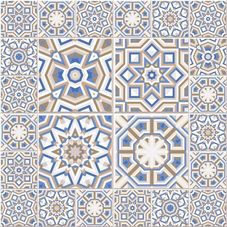 Set of patterned azulejo floor tiles. Abstract geometric background. Vector illustration, seamless pattern. Portuguese floor tiles design. Floor cement tiles collectionのイラスト素材