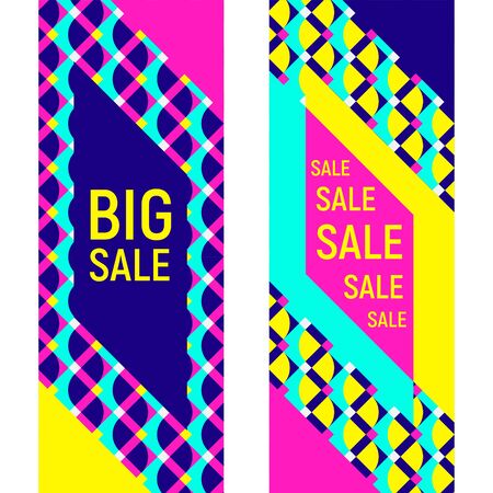 Two abstract geometric backgrounds, different geometric shapes. Sample text - Big Sale. Memphis style. Bright and colorful neon color banners, 90s style. Vector illustrationのイラスト素材