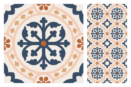 Set of patterned azulejo floor tiles. Abstract geometric background. Vector illustration, seamless...