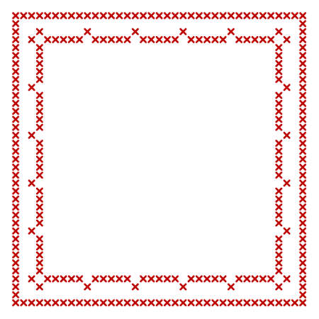 Cross stitch border, square frame pattern, perfect for Christmas banner design. Geometric redwork ornament for napkin embroidery layout pattern. Vector illustrationのイラスト素材
