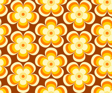 Retro floral, Mid Century modern flowers in orange, yellow, brown colors. For home decor, wallpapers, fabrics and textile. Seamless vector pattern, 1970s mod styleのイラスト素材