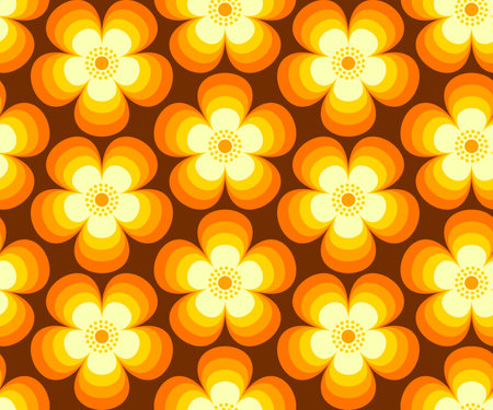 Retro floral, Mid Century modern flowers in orange, yellow, brown colors. For home decor, wallpapers, fabrics and textile. Seamless vector pattern, 1970s mod styleのイラスト素材