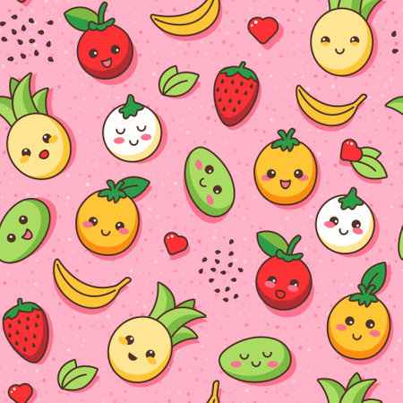 Joyful and bright summer pattern with juicy tropical fruits. Kawaii cartoon style. Vector illustration. Seamless vector pattern, perfect for children goodsのイラスト素材