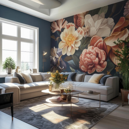 Modern living room interior, beautiful floral mural, flowers on wall, cozy sofa with lots of cushionsの素材