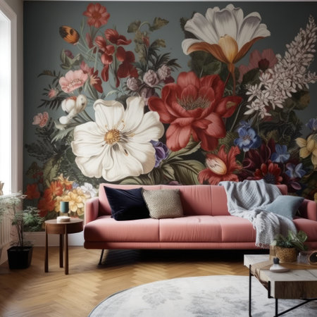Modern living room interior, beautiful floral mural, flowers on wall, cozy sofa with lots of cushionsの素材