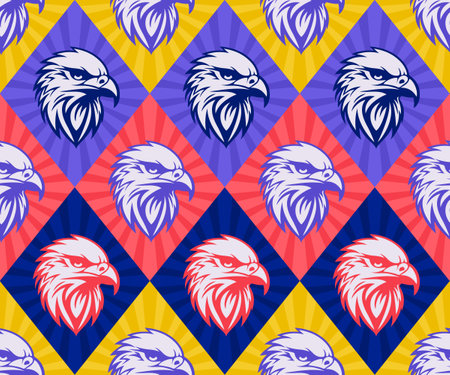 Eagle, falcon, hawk head logo, icon, vector illustration. Seamless eagle vector pattern, pop art colorful style, diamond shape backgrounds with rays. Perfect for corporate design.のイラスト素材