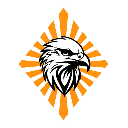 Eagle, falcon, hawk head logo, icon, vector illustration. Perfect for corporate design. Orange rays in diamond shape backgroundのイラスト素材