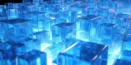 Abstract 3d background, colorful glowing cubes pattern texture. Lots of cubes in different random colors, 3d illustration. Abstract blue background.の素材
