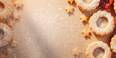 Festive banner with homemade cookies, sugar powder, neutral background, tasty bisquits close-up, Empty blank space for text, copy spaceの素材