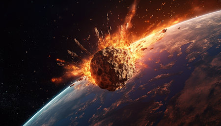 Meteor Impact with Earth, fireball Asteroid In Collision with Planet Earth in deep spaceの素材