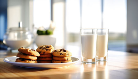 Peanut butter cookies with chocolate chips, homemade, with glass of milk, tasty bisquits close-up. Modern light sunny kitchen on backgroundの素材