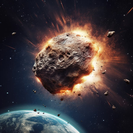 Meteor Impact with Earth, fireball Asteroid In Collision with Planet Earth in deep spaceの素材