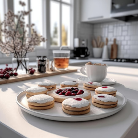 Linzer cookies, sugar powder, different colors, neutral background, tasty bisquits close-up. Lots of cookies on kitchen tableの素材