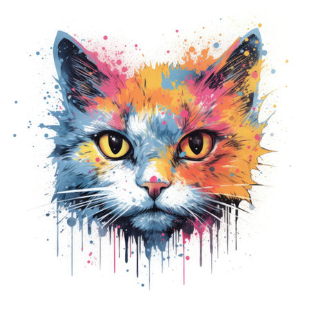 Colorful cat head art, artistic illustration, multicolor paint splash, digital art, ai generatedの素材