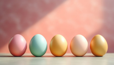 Happy Easter, colorful pastel Easter eggs, sunny spring day - Easter banner background with empty copy space for text and blurred festive backgroundの素材