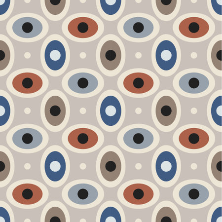 Mid-century modern seamless pattern, simple minimal geometric oval shapes in retro colors, Abstract repeating geometry background, 60s 70s vector illustration, Perfect for home decor fabricsのイラスト素材