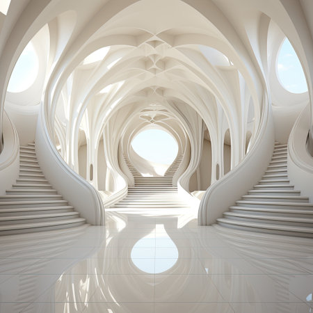 Abstract architecture background, futuristic white arched concrete interior 3d render, bright sunny day, soft light, empty buildingの素材