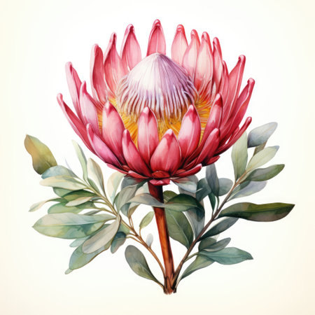 Wedding floral composition, watercolor Australian native flowers arrangement isolated on white, red Protea Waratah bouquet, Botanical illustration, Gentle and elegant, perfect for wedding invitation,の素材