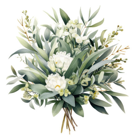 Wedding floral composition, watercolor eucalyptus greenery arrangement isolated on white, Botanical illustration, Gentle and elegant beautiful flowers in bouquet, perfect for invitation,の素材