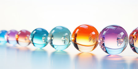 Colorful glass balls spheres, shiny and glossy 3D colorful glass balls collection, multicolored background, sunny summer dayの素材