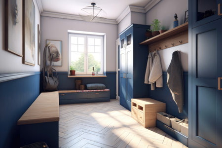 Modern mudroom interior, entrance hall in house, home storage space. Navy blue and beige colorsの素材