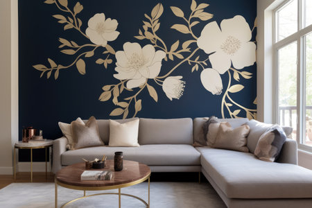 Modern living room interior, beautiful floral mural, flowers on wall, cozy sofa with lots of cushions. Navy blue, beige and golden colors.の素材