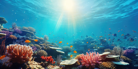 Underwater Scene - Tropical Seabed With Reef And Sunshine, Ocean sea deep blue water, ocean animals and undersea landscape with corals and small fishes.の素材